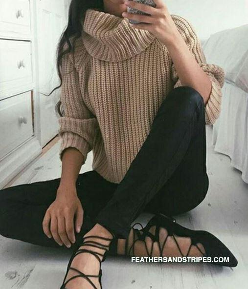 Lace up flats and cozy sweater