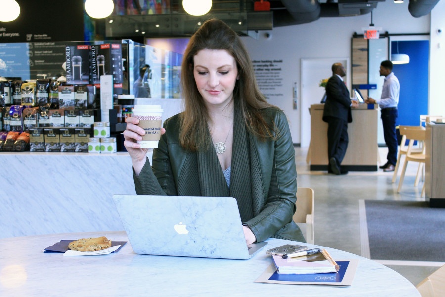 working in a Capital One Cafe, Seaport Boston