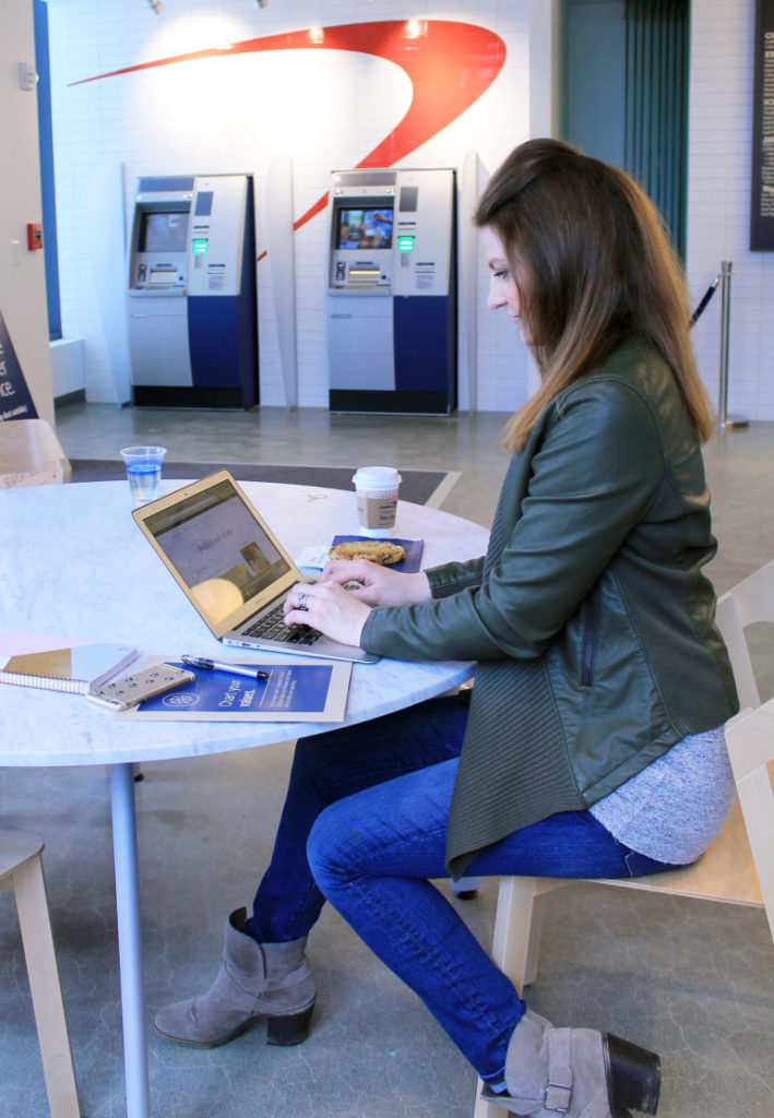 Capital One Cafe, Seaport, Boston, green leather jacket