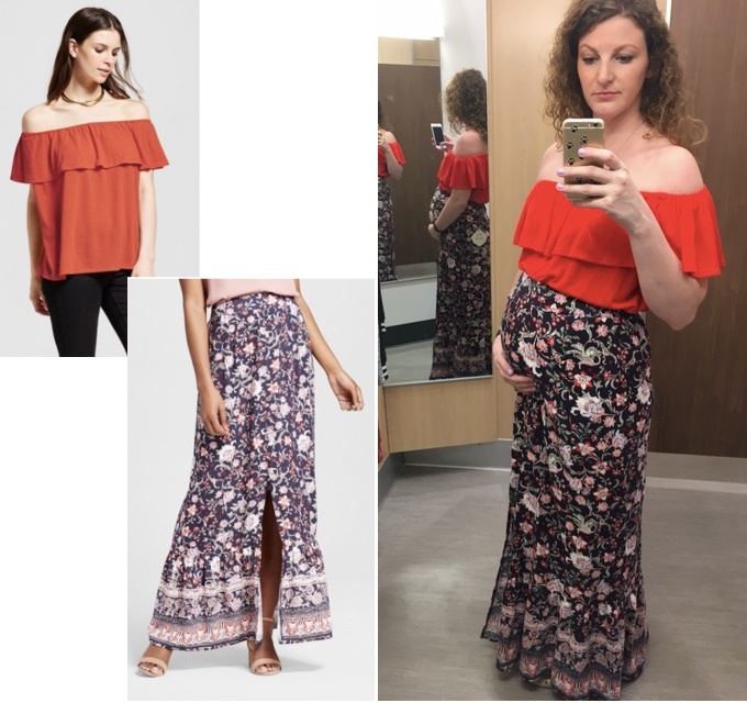 navy printed maxi skirt and orange off the shoulder top Target