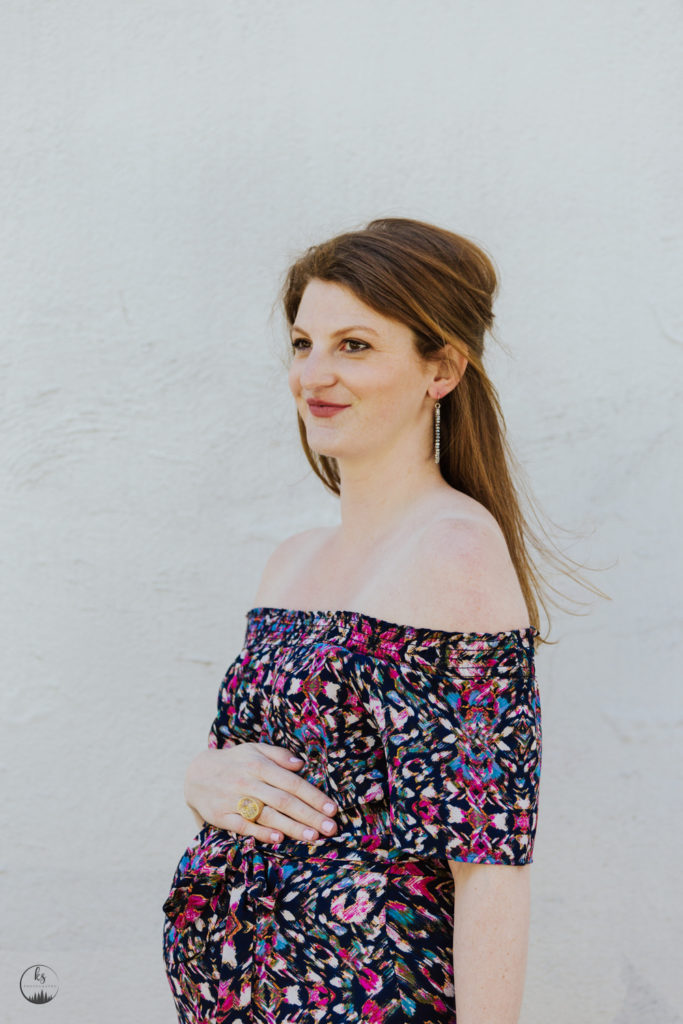 multicolored off the shoulder dress (maternity)