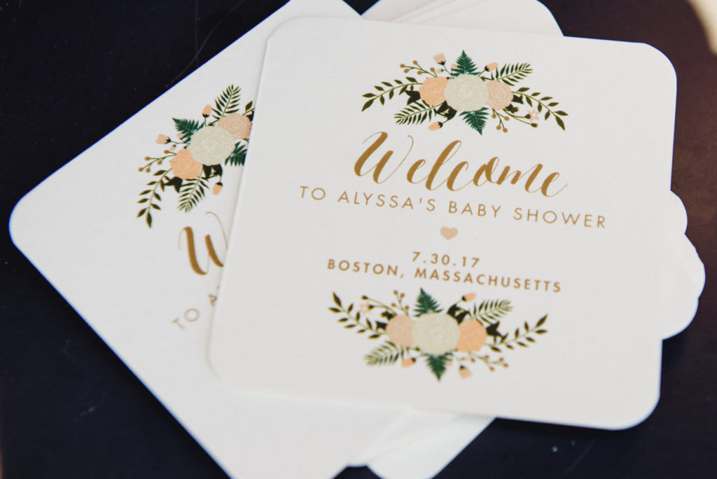 Boston baby shower custom floral coasters | Baby Shower in Boston featured by top Boston lifestyle blog, Feathers and Stripes