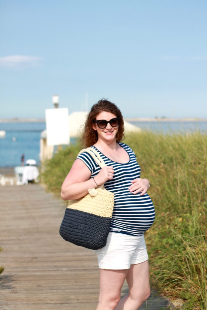 white shorts and navy maternity striped shirt on Cape Cod, Chatham Bars Inn