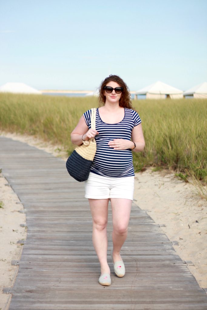 white shorts and navy maternity striped shirt on Cape Cod, Chatham Bars Inn