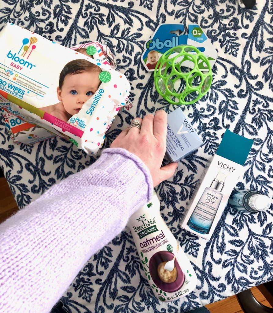 new mom products: sensitive wipes, Oball, Vichy skin care, Beechnut cereal