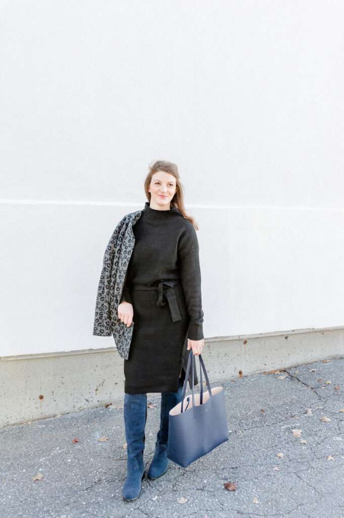 How to wear a black sweater dress with OTK boots - comfy and classic for a holiday get-together