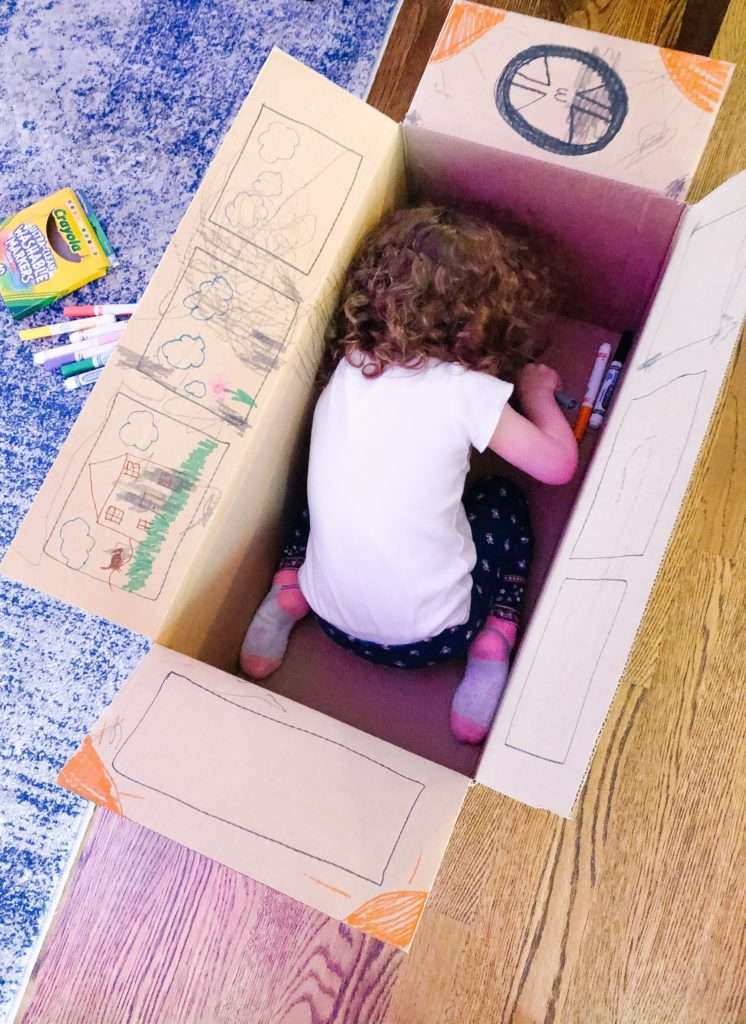 fun toddler drawing with a cardboard box - and other activities you can do at home!